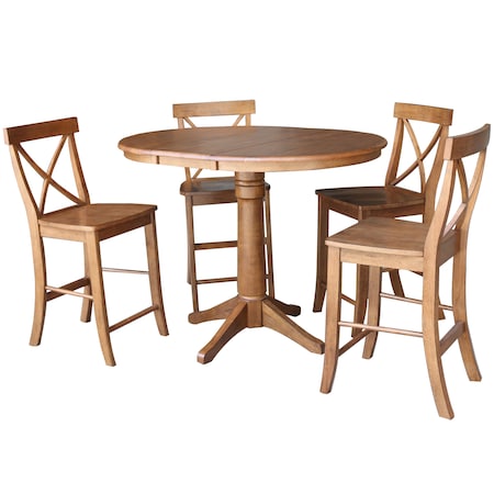 International Concepts Round 36 in Round Extension Dining Table with 4 X-Back Stools, Distressed Oak, 36 in W, 48 in L K42-36RXT-27B-S6132-4